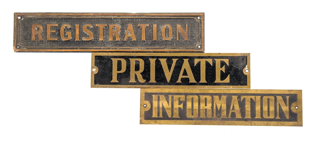 group of three original antique american salvaged chicago early 20th century stamped or pressed brass information signs