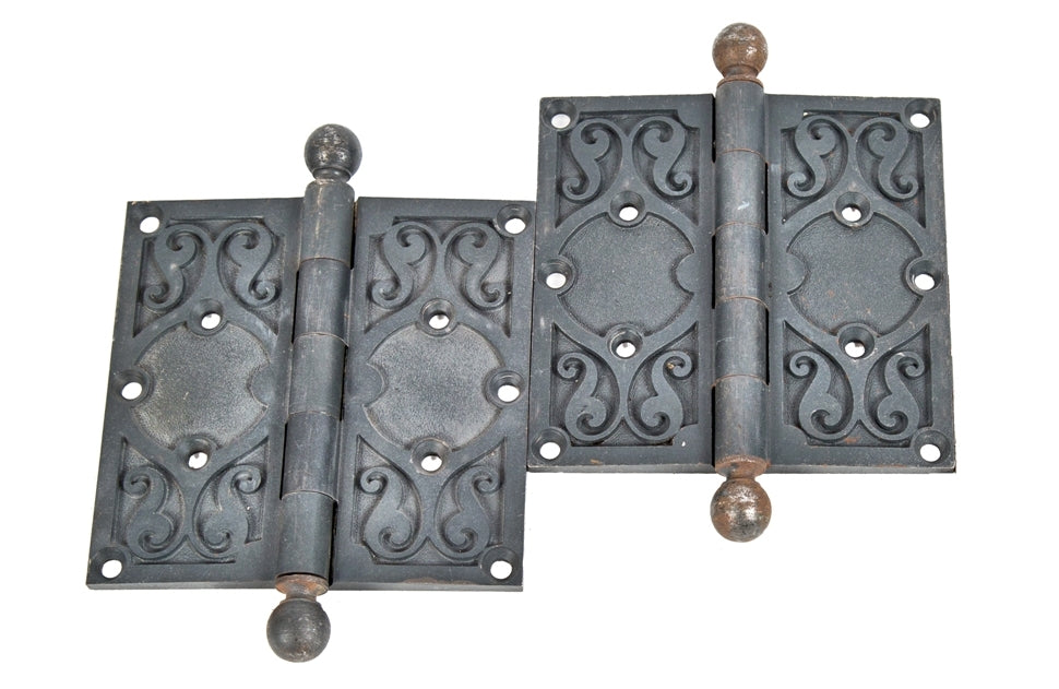 two matching original late 19th century american antique ornamental cast iron office door reliance building loose pin hinges with ball finials
