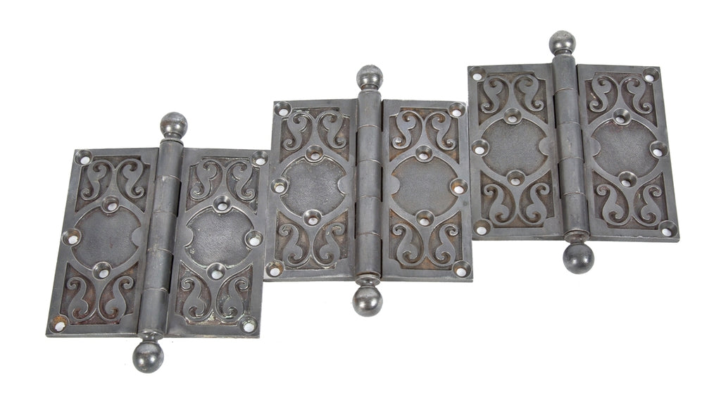 three matching original late 19th century american antique ornamental cast iron office door reliance building loose pin hinges with ball finials