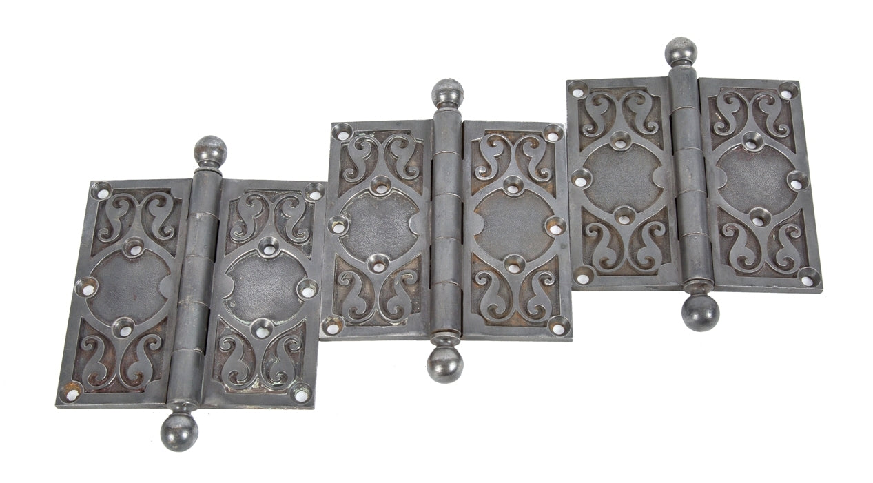 three matching original late 19th century american antique ornamental cast iron office door reliance building loose pin hinges with ball finials