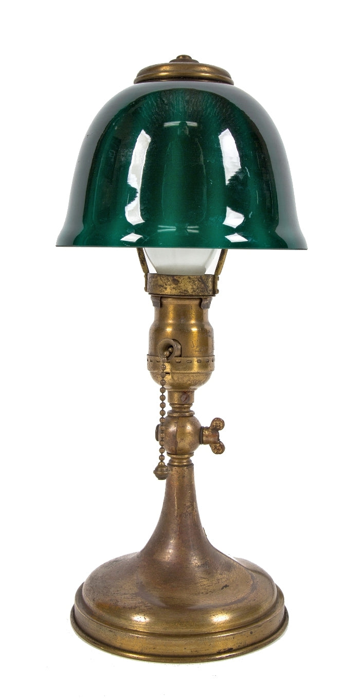 fully functional diminutive early 20th century factory office "emeralite jr." articulating desk lamp with striking emerald green cased glass shade