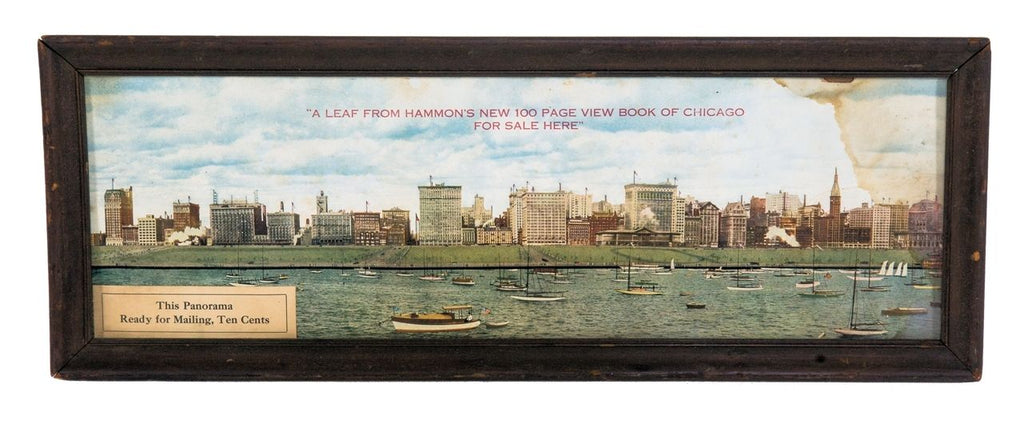 very rare early 20th century framed lithographic print depicting a panoramic view of notable chicago buildings along the historic michigan avenue district