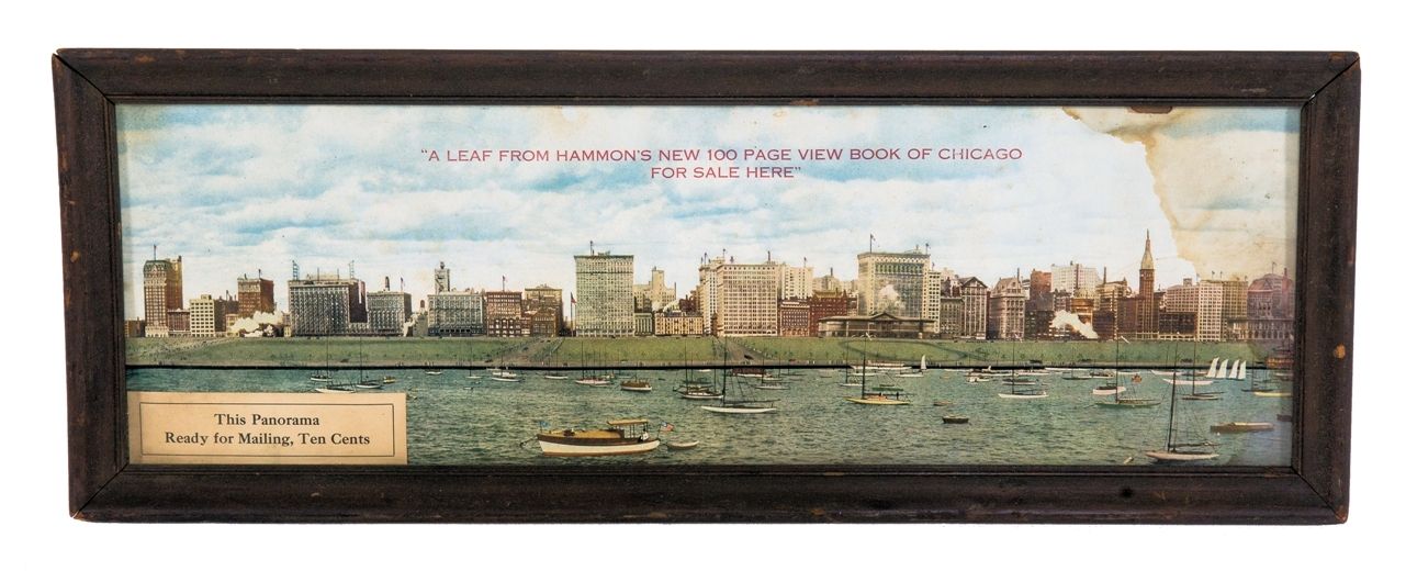 very rare early 20th century framed lithographic print depicting a panoramic view of notable chicago buildings along the historic michigan avenue district