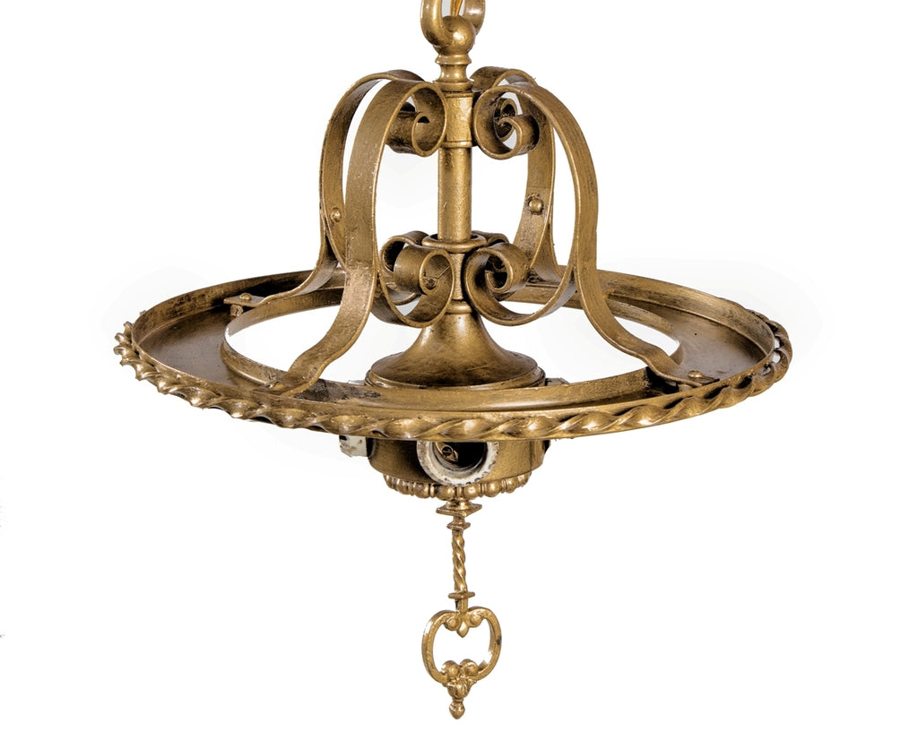 one of several matching rewired c. 1920's spanish revival style ornamental cast and wrought brass masonic temple pendant lights with cluster sockets