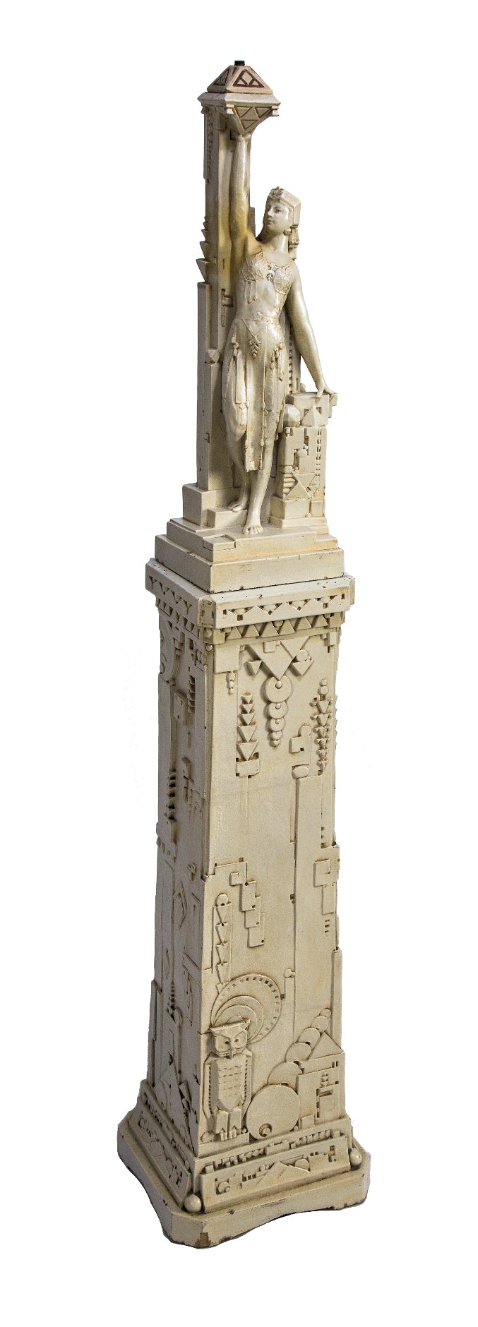 original early 20th century american egyptian revival two-piece freestanding fritz albert-designed northwestern white glazed terra cotta figural lamp base