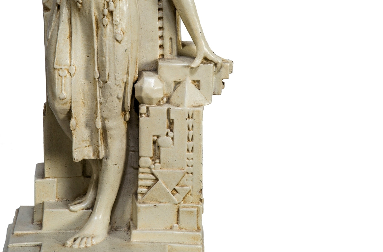 original early 20th century american egyptian revival two-piece freestanding fritz albert-designed northwestern white glazed terra cotta figural lamp base