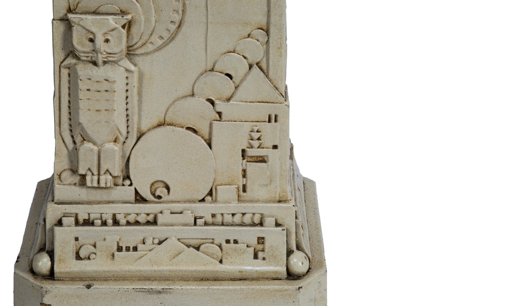 original early 20th century american egyptian revival two-piece freestanding fritz albert-designed northwestern white glazed terra cotta figural lamp base