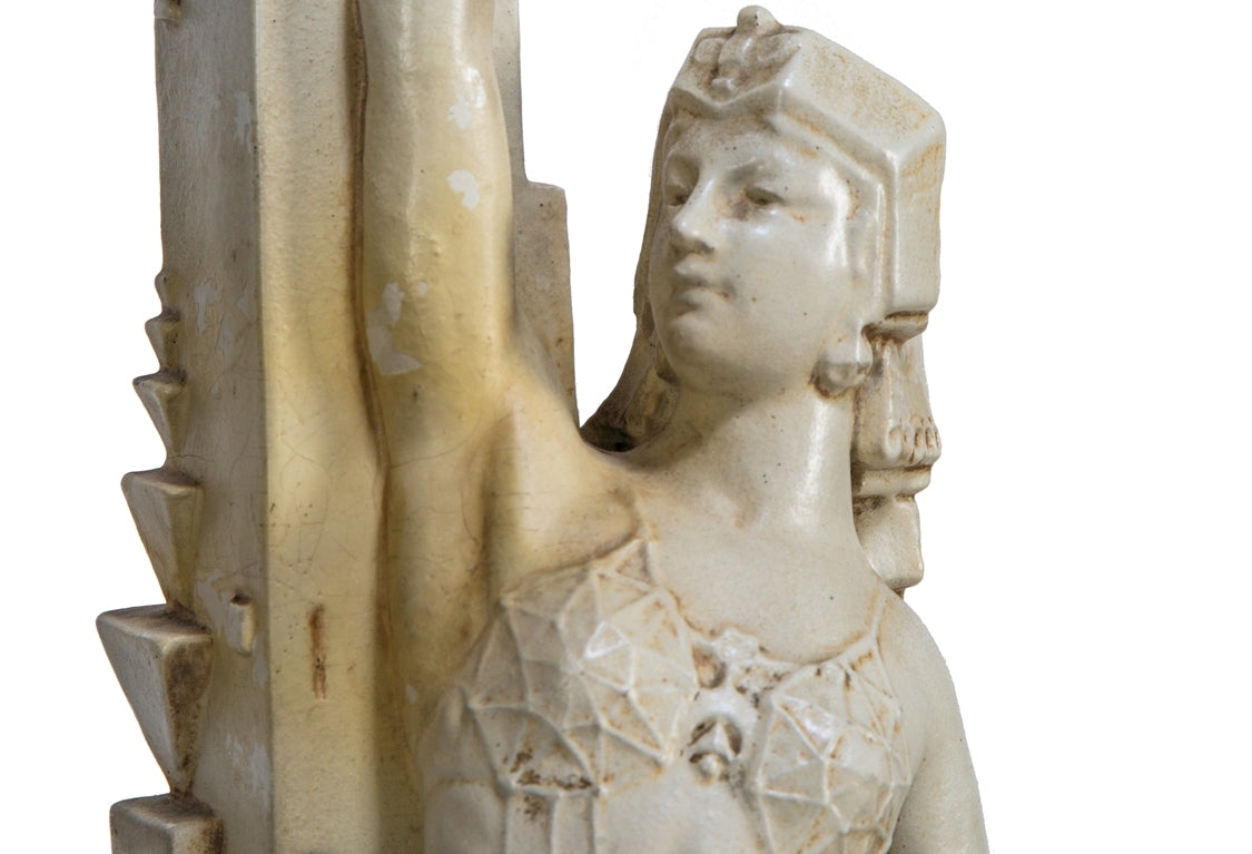 original early 20th century american egyptian revival two-piece freestanding fritz albert-designed northwestern white glazed terra cotta figural lamp base