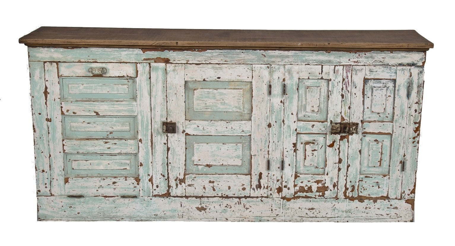 late 19th or early 20th century country store compartmentalized oak wood counter or side table with weathered ans worn painted finish throughout