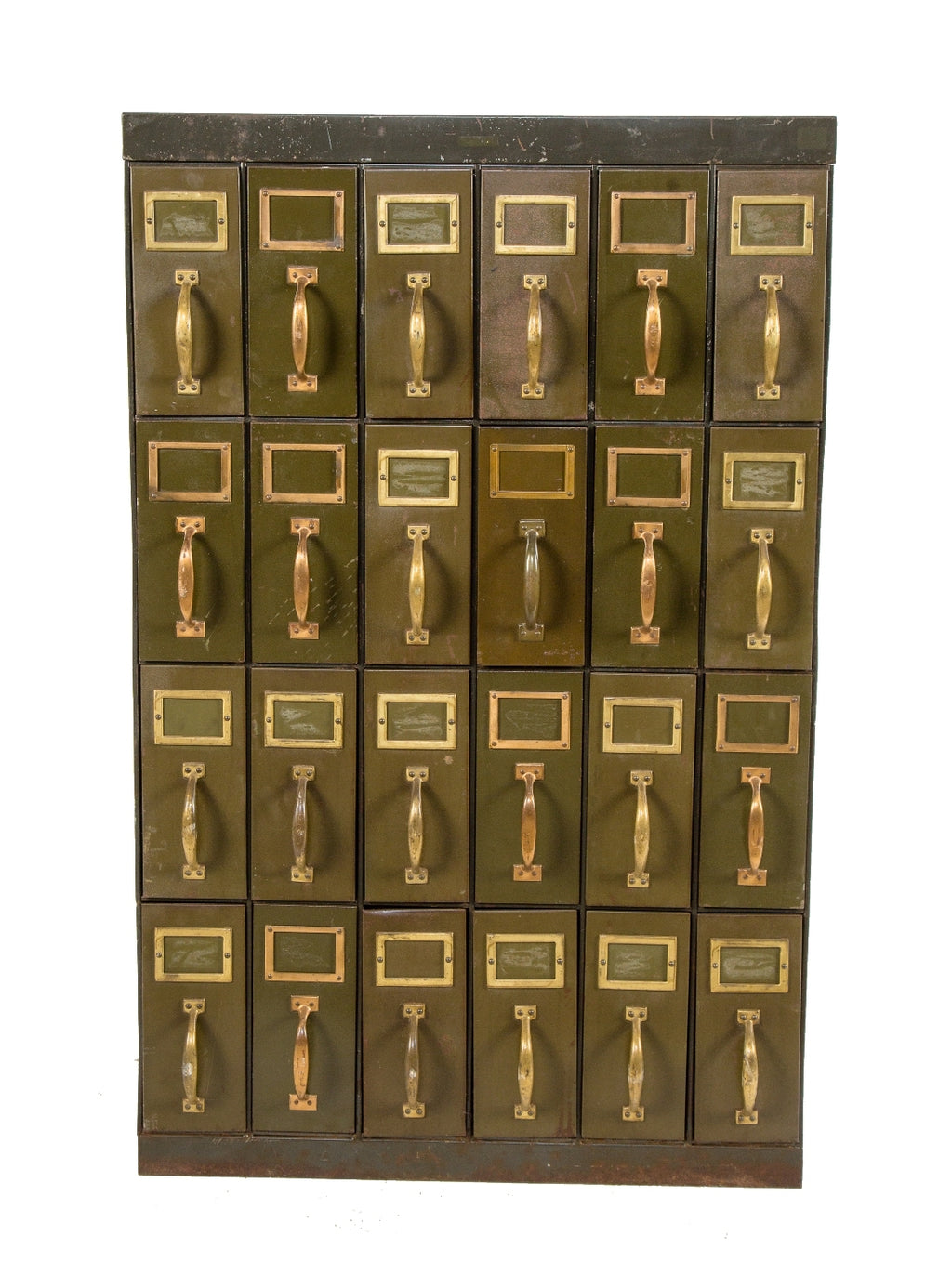 completely intact freestanding early 20th century chicago city hall "fire proof" reinforced steel army green enameled multi-drawer filing cabinet with oxidized copper handles