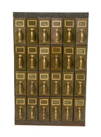 completely intact freestanding early 20th century chicago city hall "fire proof" reinforced steel army green enameled multi-drawer filing cabinet with oxidized copper handles