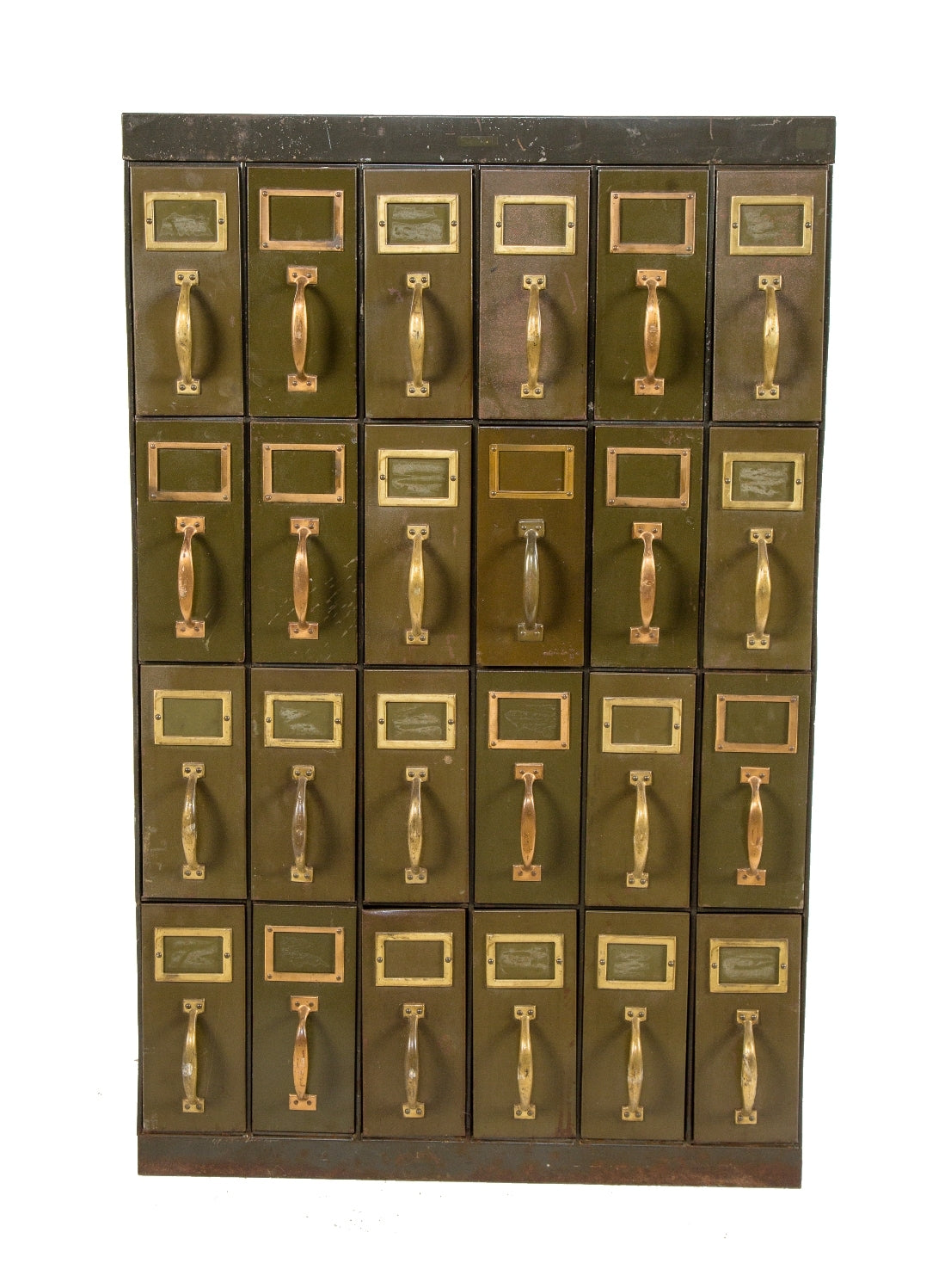 completely intact freestanding early 20th century chicago city hall "fire proof" reinforced steel army green enameled multi-drawer filing cabinet with oxidized copper handles