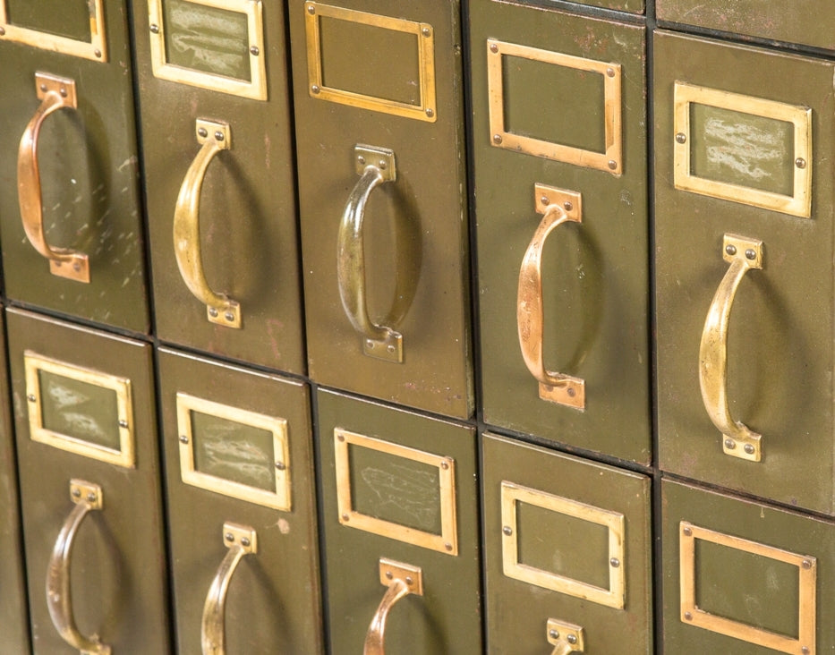 completely intact freestanding early 20th century chicago city hall "fire proof" reinforced steel army green enameled multi-drawer filing cabinet with oxidized copper handles