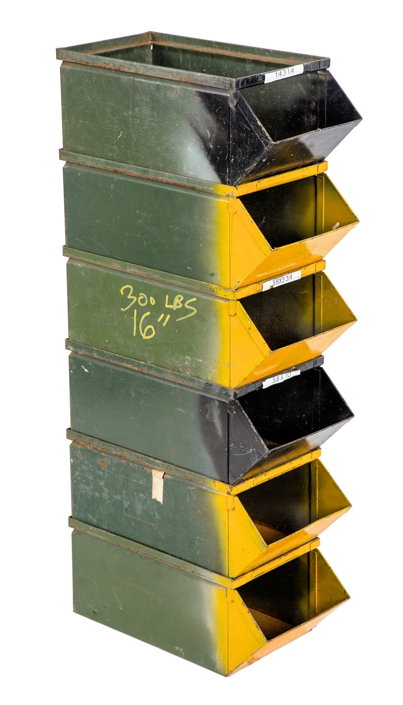 group of matching all original and heavily reinforced salvaged chicago cold-rolled steel stackable hopper bins with nicely worn and weathered surface patina