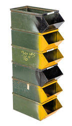 group of matching all original and heavily reinforced salvaged chicago cold-rolled steel stackable hopper bins with nicely worn and weathered surface patina
