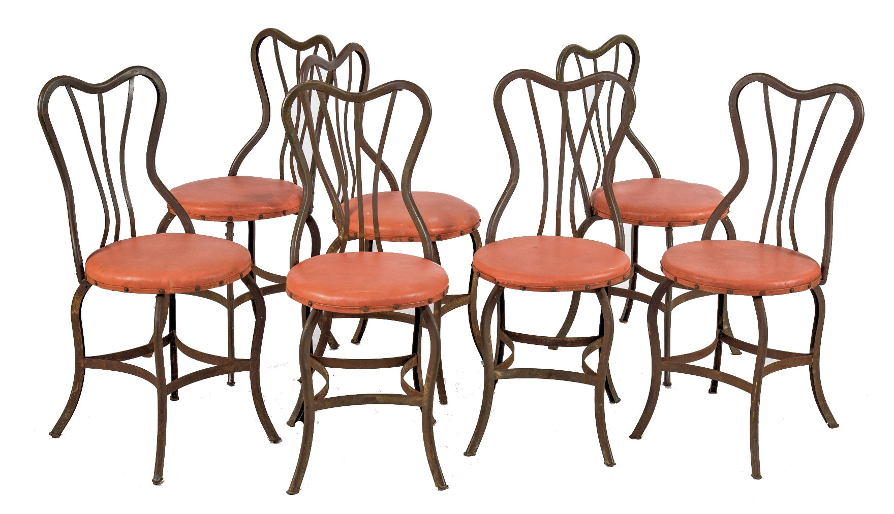 very rare 1903 joseph uhl-designed pressed and folded steel "uhl brothers" soda parlor chairs with original stenciled stamp