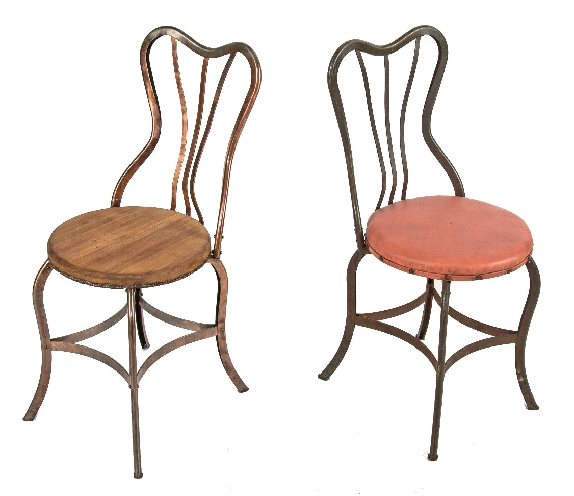 very rare 1903 joseph uhl-designed pressed and folded steel "uhl brothers" soda parlor chairs with original stenciled stamp