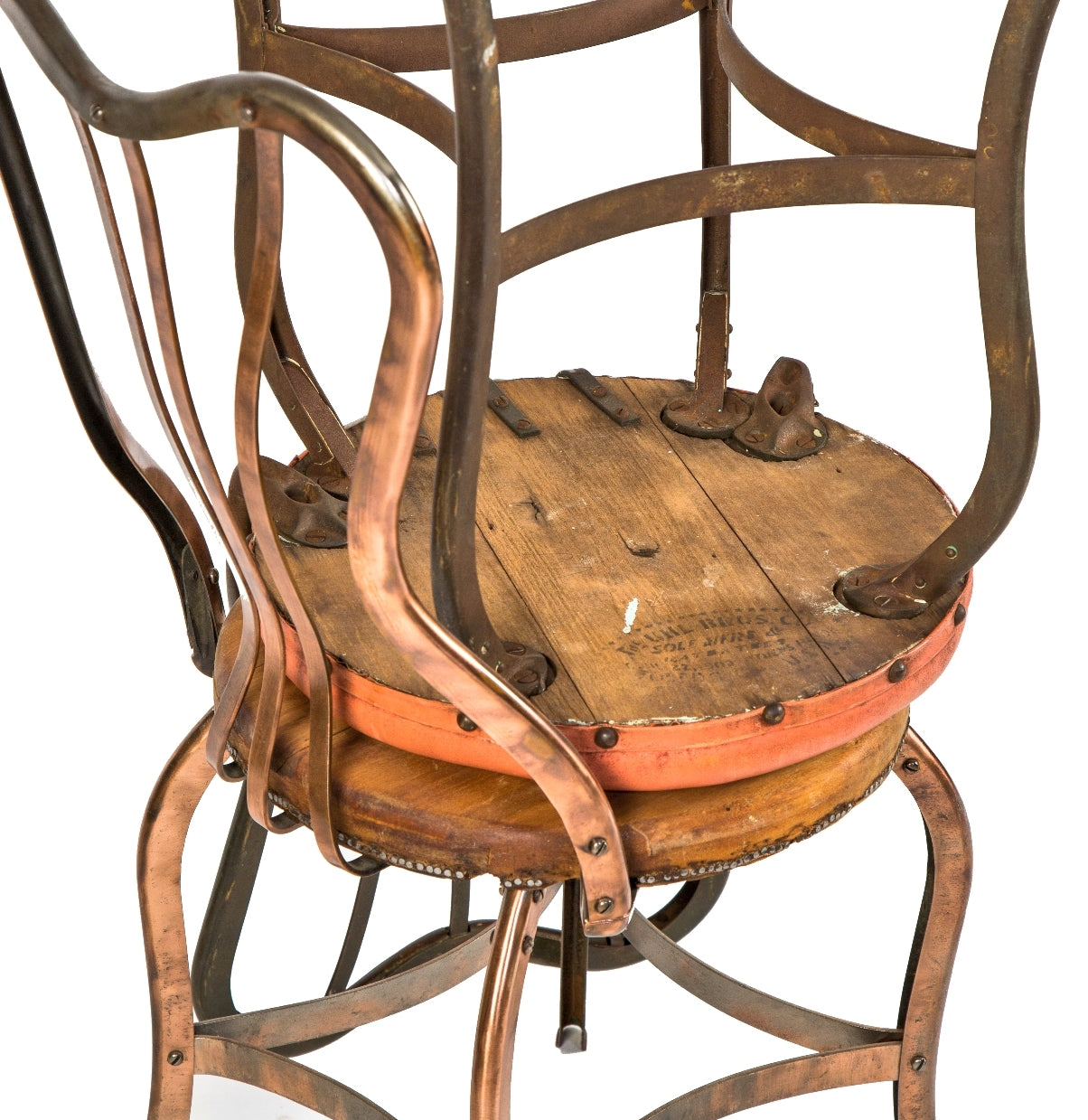 very rare 1903 joseph uhl-designed pressed and folded steel "uhl brothers" soda parlor chairs with original stenciled stamp