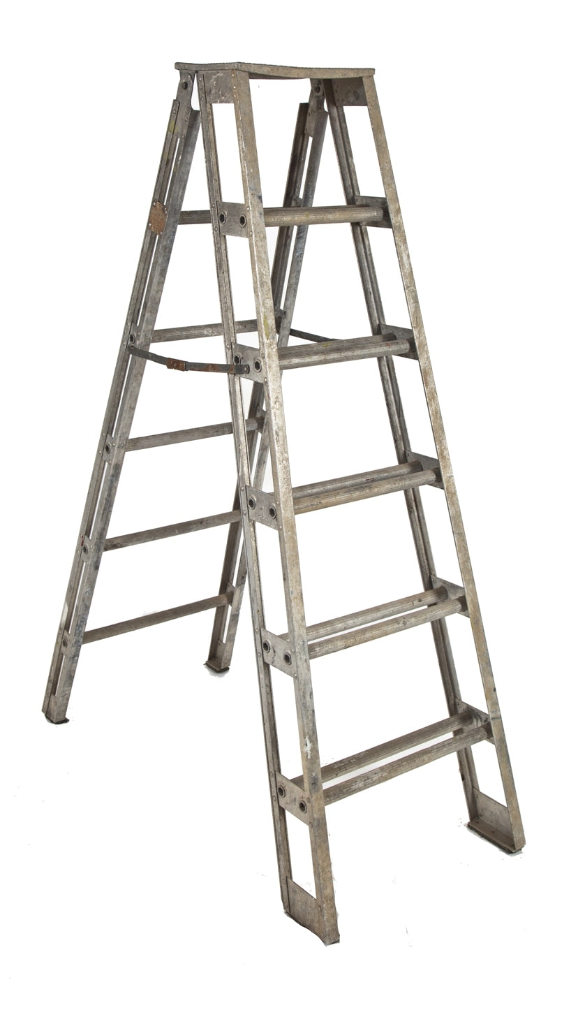 original 20th centurt vintqge american industriual reinforced american folding a-frame chicago public school building engineer's ladder with double rungs