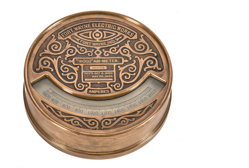 hard to find late 19th century original and intact heavy ornamental cast bronze james j. wood-designed early electric switchboard ammeter with abundant foliated scrollwork along the face