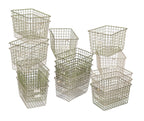 several matching vintage american industrial salvaged "medart" metal wire locker room baskets with numbered aluminum number tags