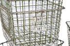 several matching vintage american industrial salvaged "medart" metal wire locker room baskets with numbered aluminum number tags