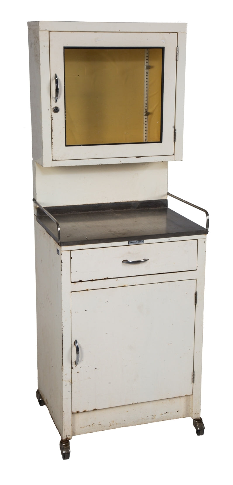 original vintage american medical salvaged chicago michael reese hospital mobile examination room supply cart with cabinet drawers, shelves, and stainless steel table top