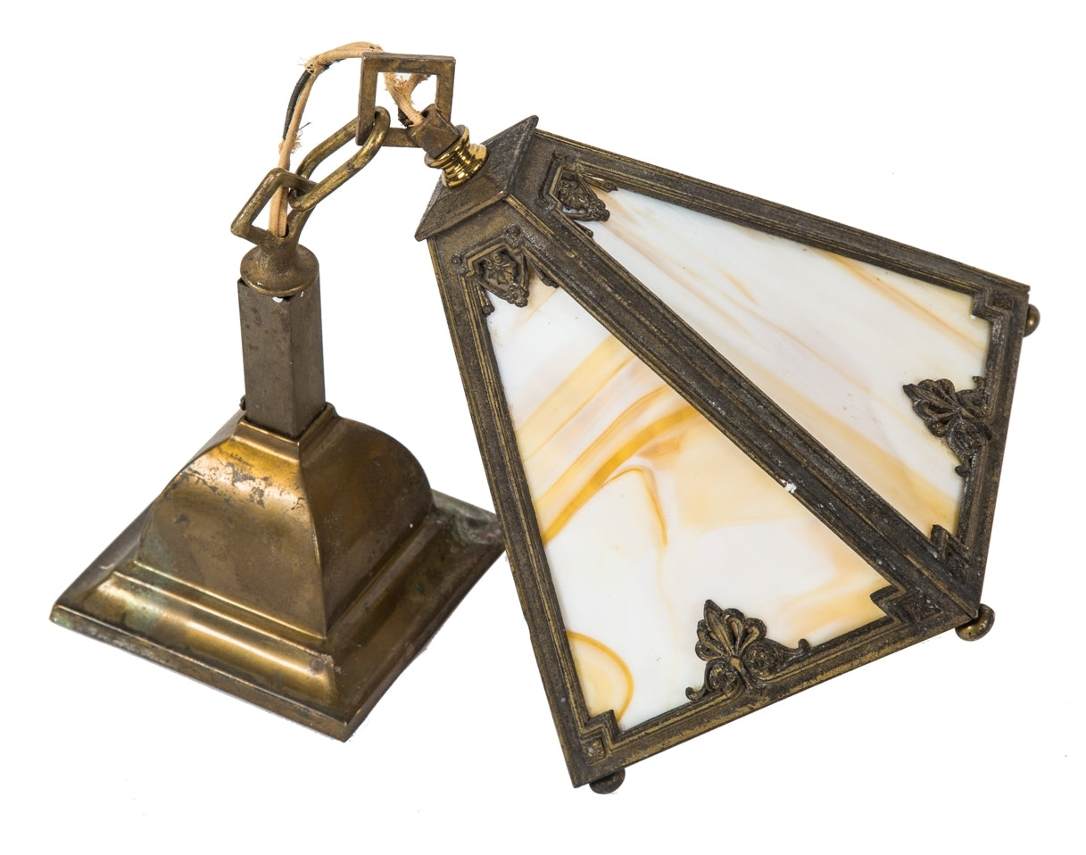 completely intact early 20th century antique american salvaged chicago 4-sided caramel slag glass interior residential pendant light fixture with original ceiling canopy