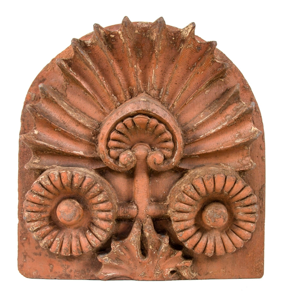 museum quality c. 1884 louis h. sullivan-designed exterior salvaged chicago scoville building red slip glazed terra cotta lunette with segmented surround and deep undercuts