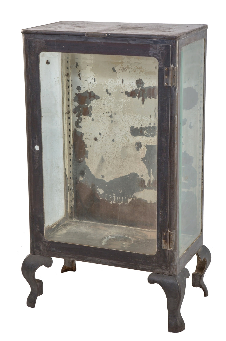 highly slight after early 20th century oversized cast iron and steel hospital operating room medical supply cabinet with cabriole legs and large beveled panes of glass