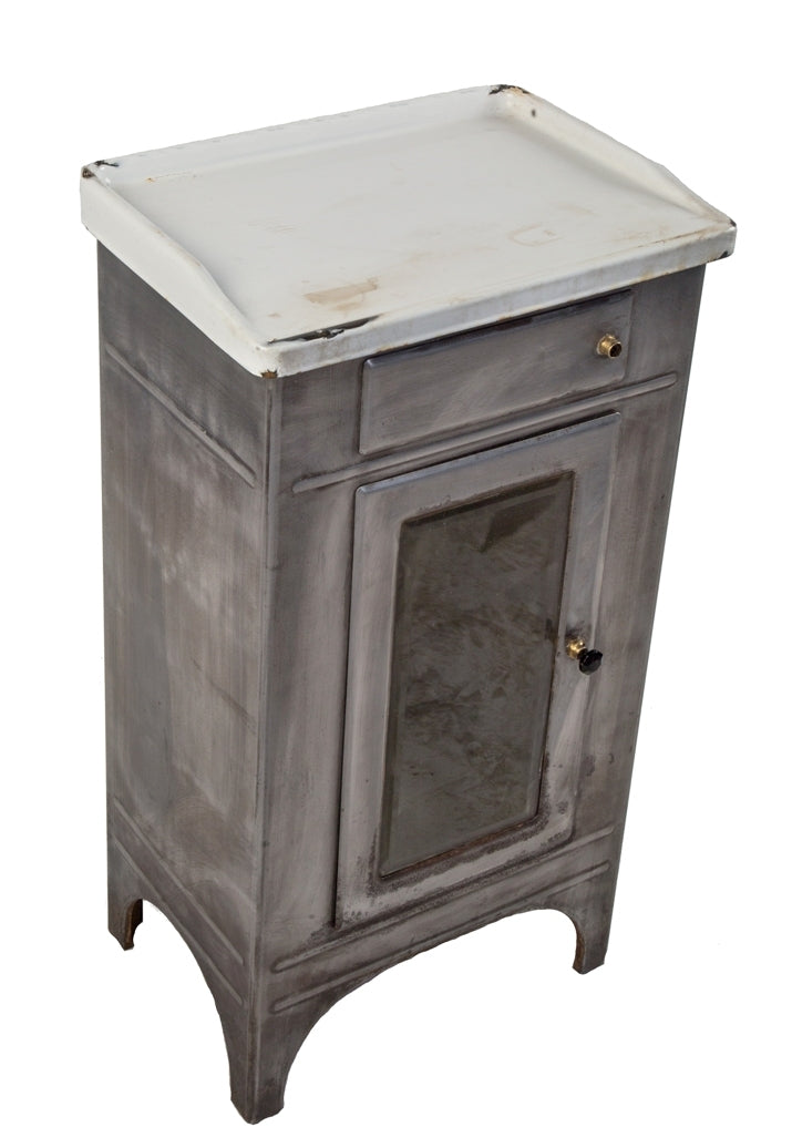 refinished early 20th century antique american medical freestanding brushed steel salvaged chicago hospital cabinet with single drawer and hinged cabinet glass door