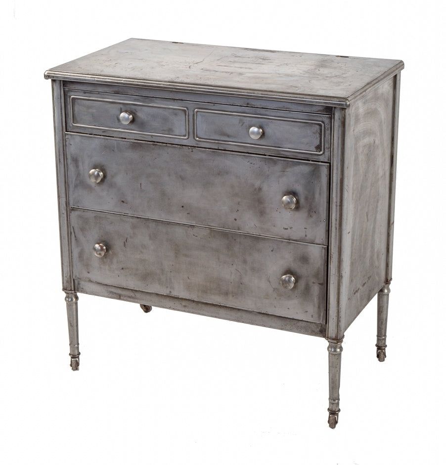 refinished vintage american industrial simmons three-drawer pressed and folded steel lowboy dresser with brushed metal finish