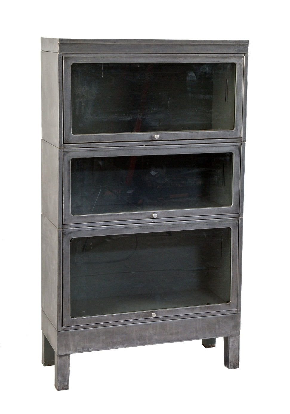 highly desirable vintage american industrial stackable three-tier brushed metal barrister bookcase with original cabinet door glass, top or crown, and four-legged base