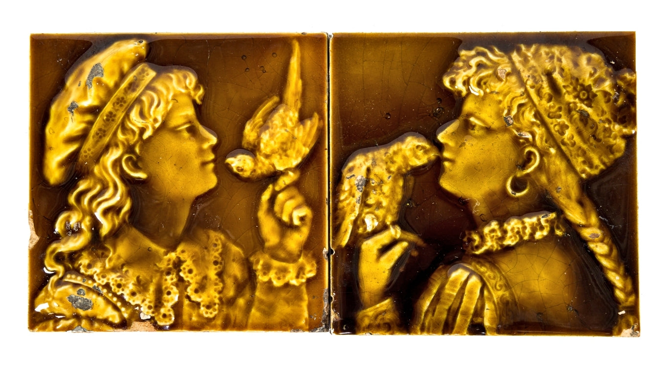 original late 19th century antique victorian era majolica glazed interior residential fireplace figural tiles with costumed women holding birds