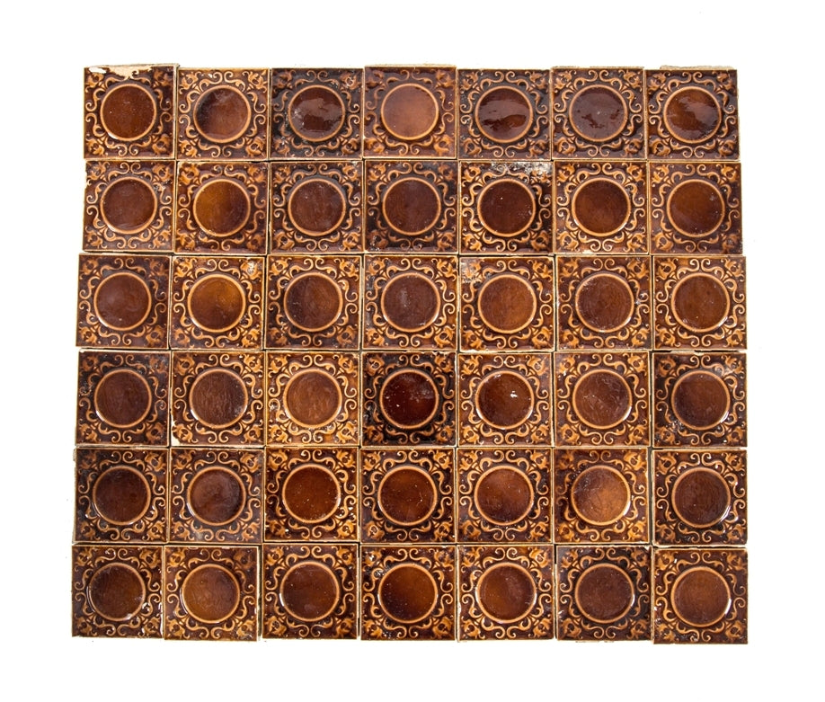 group of 42 matching all original late 19th century richly colored majolica glazed interior residential 3x3  fireplace tiles free from mortar or brick