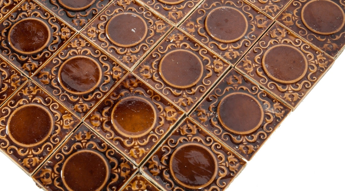 group of 42 matching all original late 19th century richly colored majolica glazed interior residential 3x3  fireplace tiles free from mortar or brick