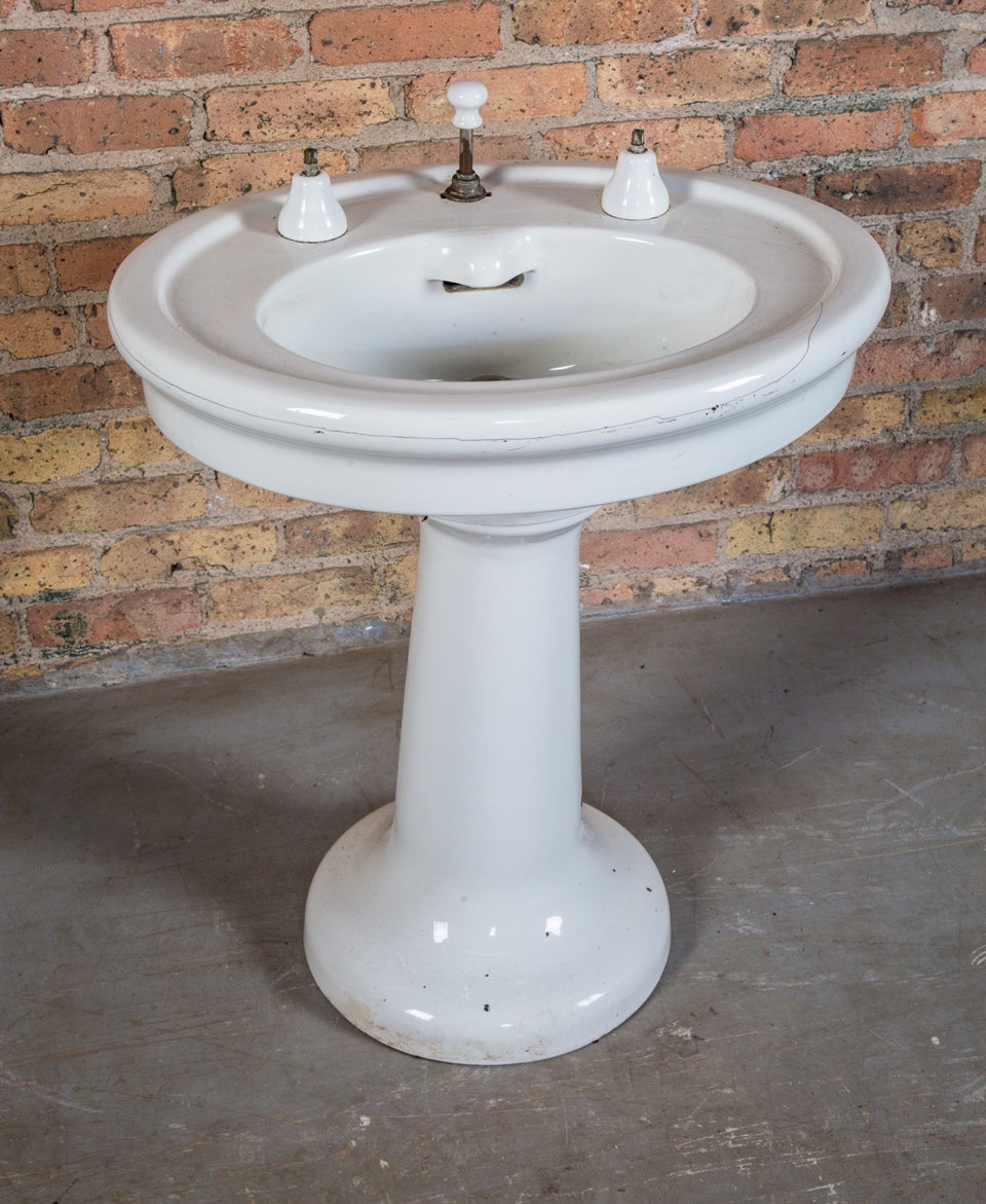 original oversized early 20th century salvaged chicago crane or standard vitreous white glazed porcelain or "china" pedestal sink top with pipe and escutcheons