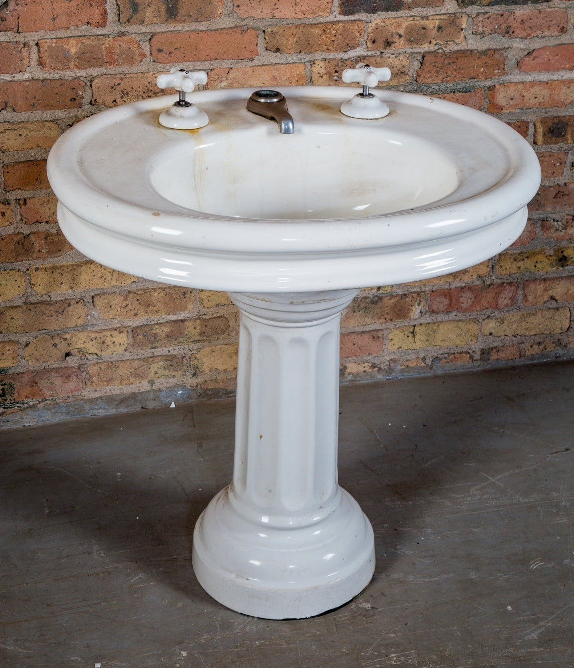 original early 20th century salvaged chicago white glazed vitreous china residential lavatory pedestal sink with intact cross-arm handles