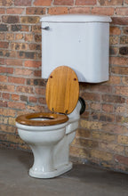 original and functional early 20th century antique american salvaged chicago glazed vitreous porcelain "corsyn" lavatory toilet with oak wood seat