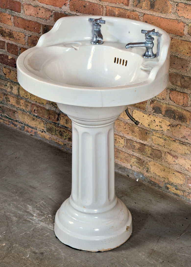 impressive all original and intact early 20th century white vitreous china two-part interior residential lavatory sink with deep and compact bowl and fluted pedestal base