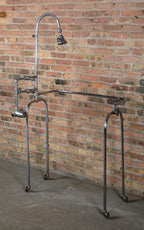 unusual early 20th century highly sought after wall-mount interior residential "needle" type nickel plated tubular brass shower surround with head and valve mixer