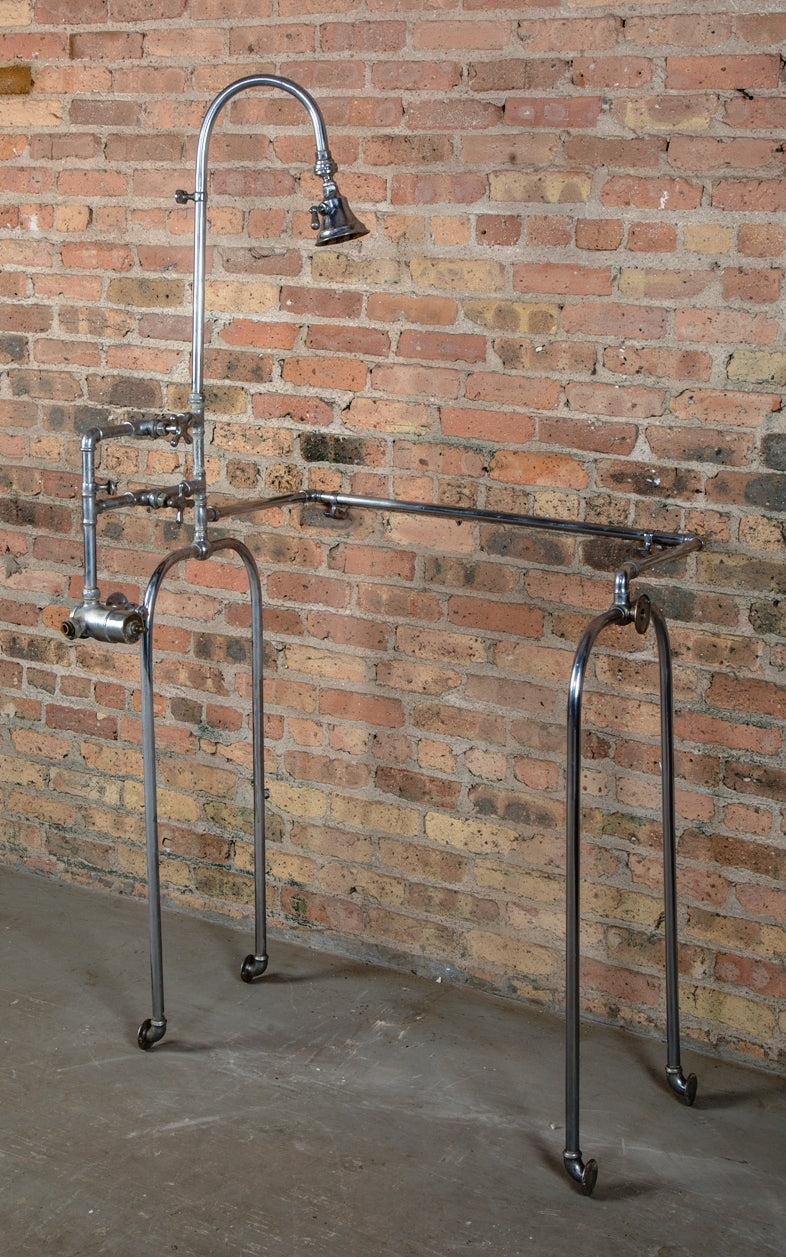 unusual early 20th century highly sought after wall-mount interior residential "needle" type nickel plated tubular brass shower surround with head and valve mixer