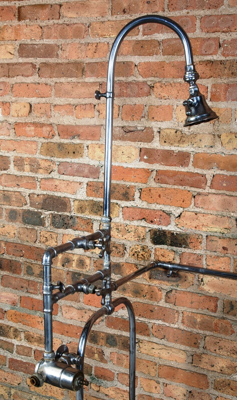 unusual early 20th century highly sought after wall-mount interior residential "needle" type nickel plated tubular brass shower surround with head and valve mixer