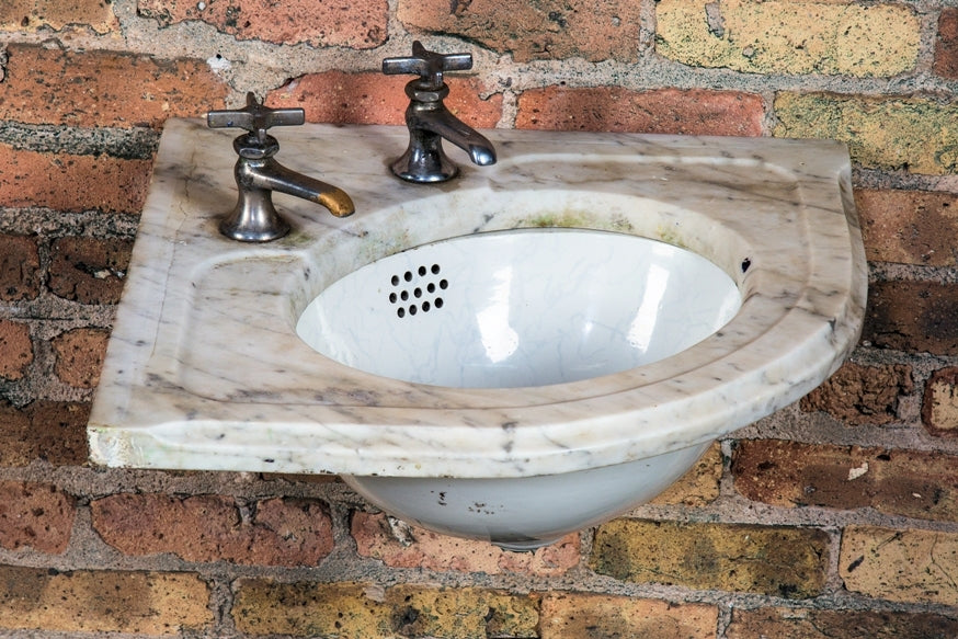 original late 19th century salvaged chicago american victorian trenton potteries residential lavatory or bathroom sink with marble top or vanity and ceramic bowl