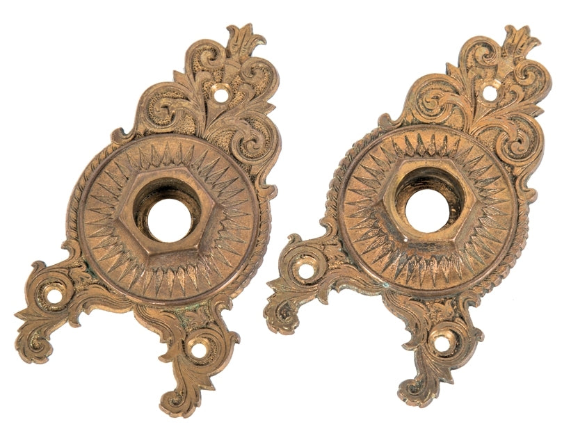 two matching all original 1870's ornamental cast bronze interior residential triangular-shaped passage door backplates with nicely aged uniform surface patina