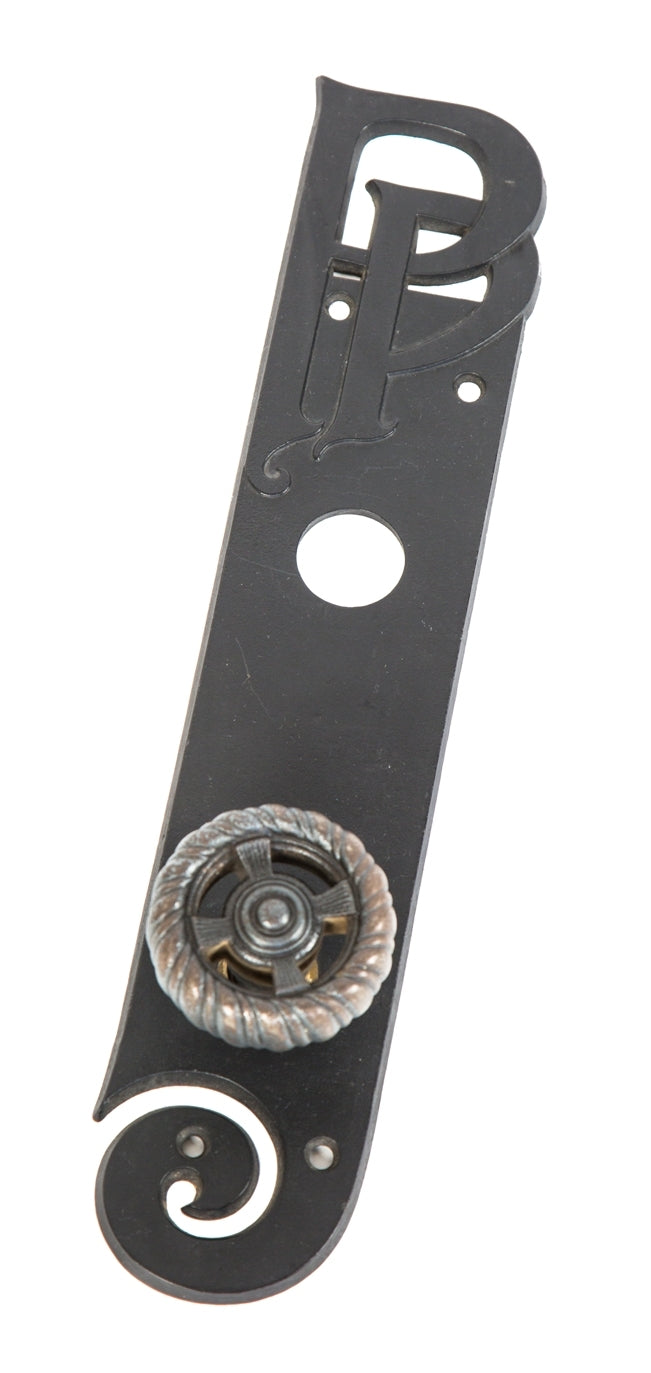 original ornamental cast iron s.s. beman-designed pioneer press building interior commercial building doorknob and matching backplate with bower-barff finish