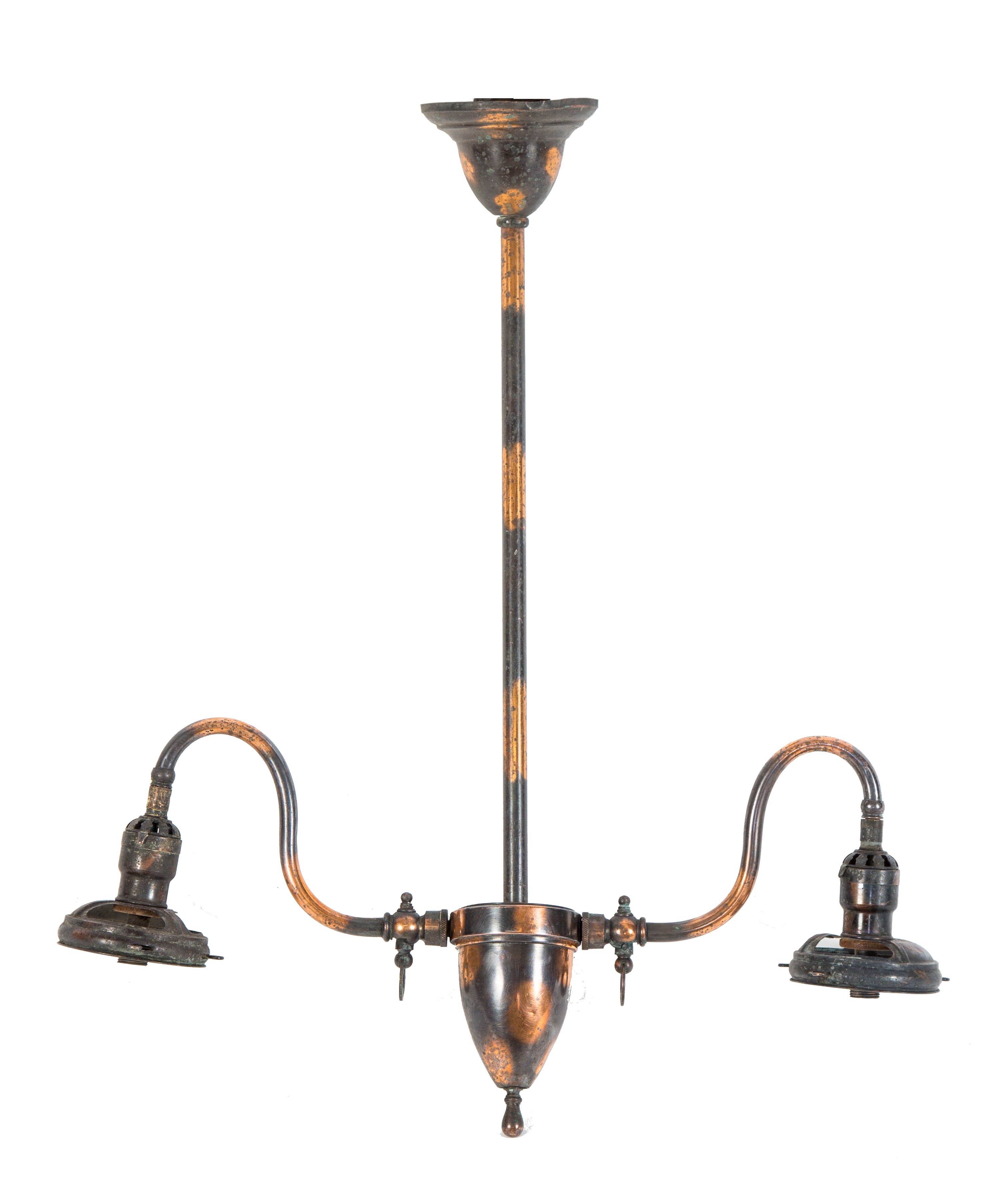 highly sought after 19th century "japanned" or copper-plated double arm victorian era ceiling fixture with unique gas sockets and shade fitters