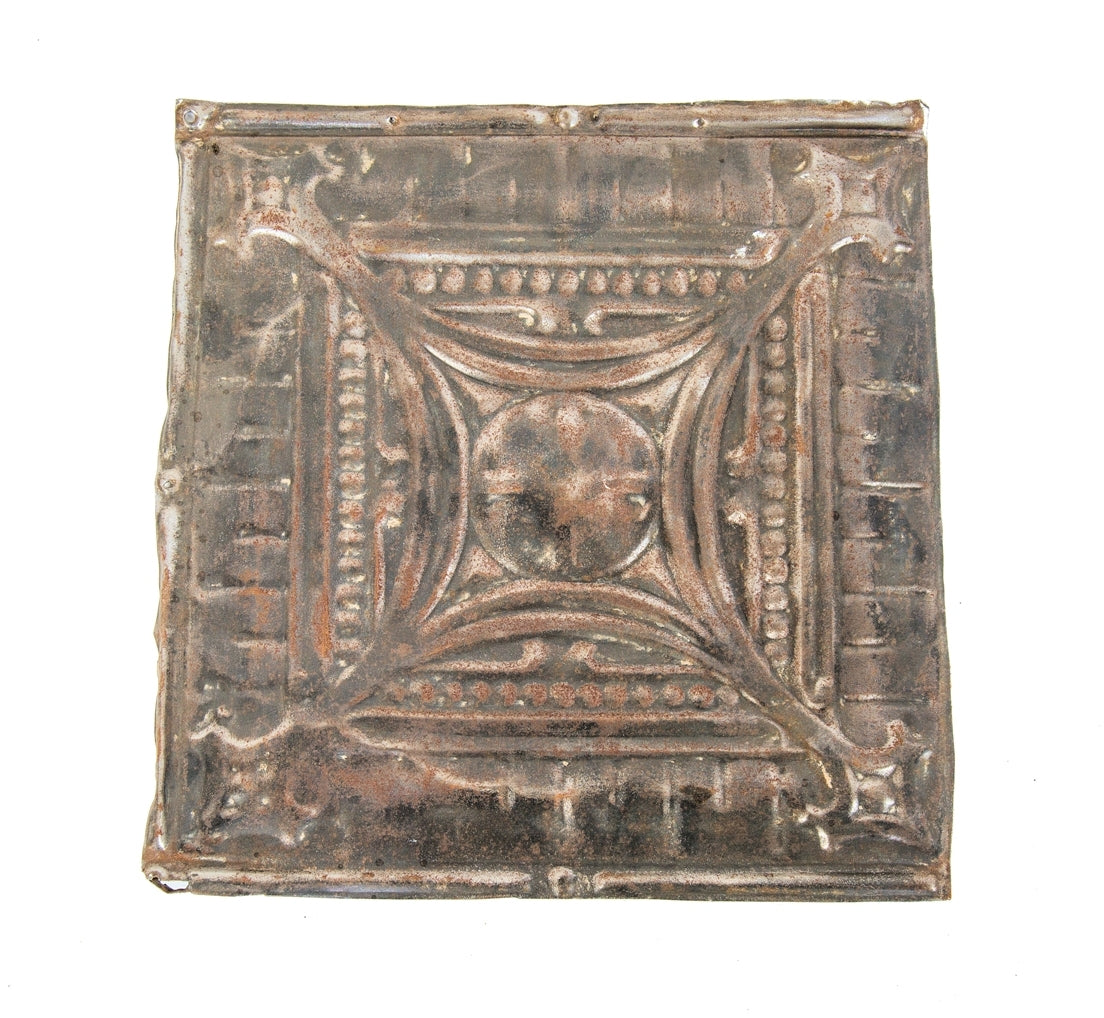 diminutive original single-sided stamped ornamental "sullivanesque" steel salvaged chicago tin ceiling panel with nicely aged surface patina
