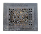 original and intact late 19th century black enameled ornamental cast iron louvered interior residential floor register or grate with intact surround