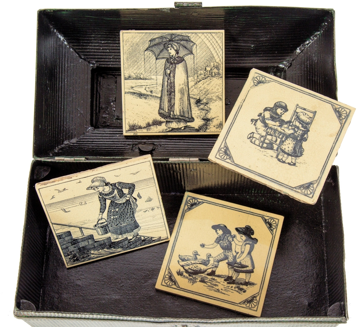 group of four late 19th century original salvaged chicago interior residential fireplace surround transfer print majolica glazed minton tiles